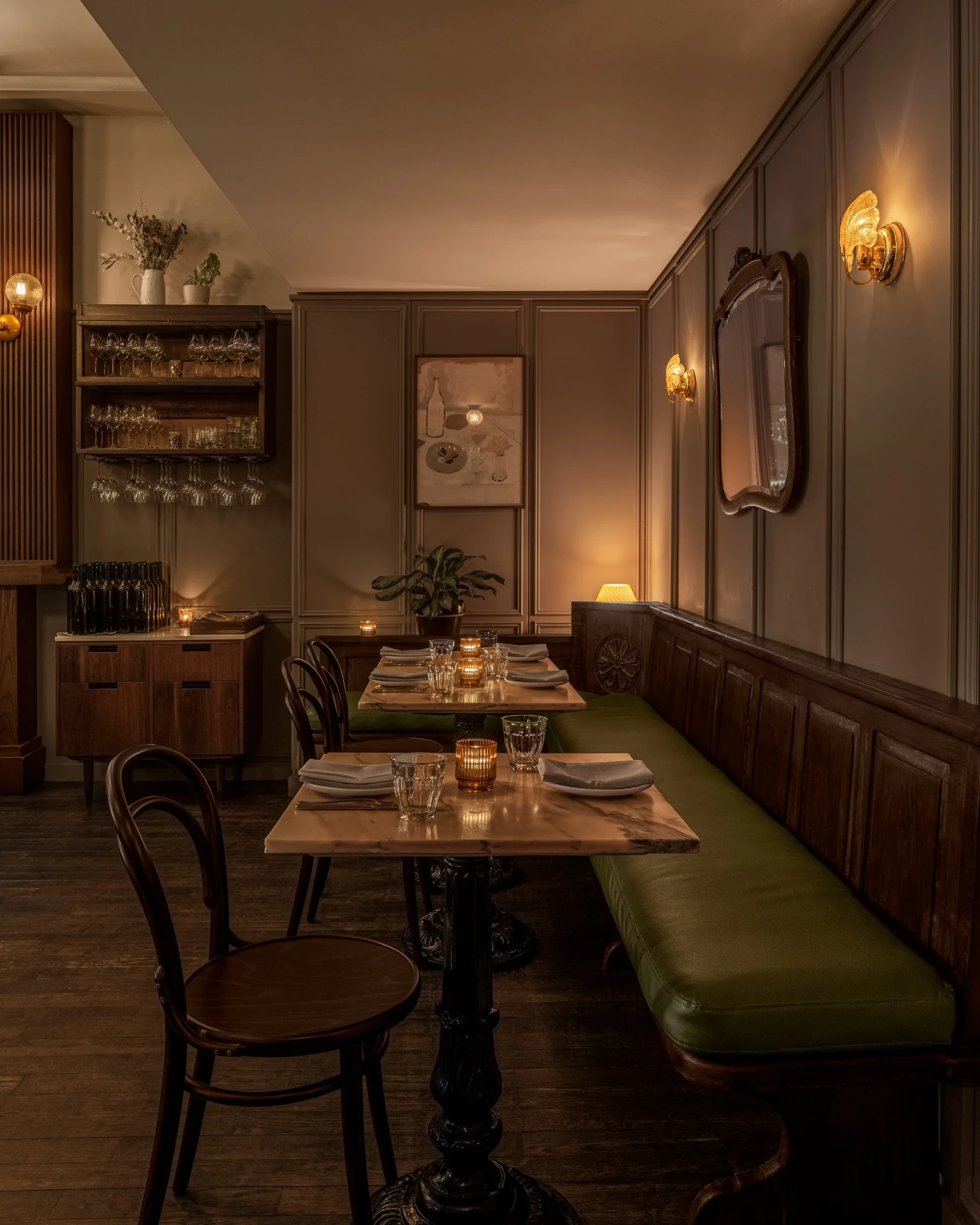 The candlelit dining room at Contrada