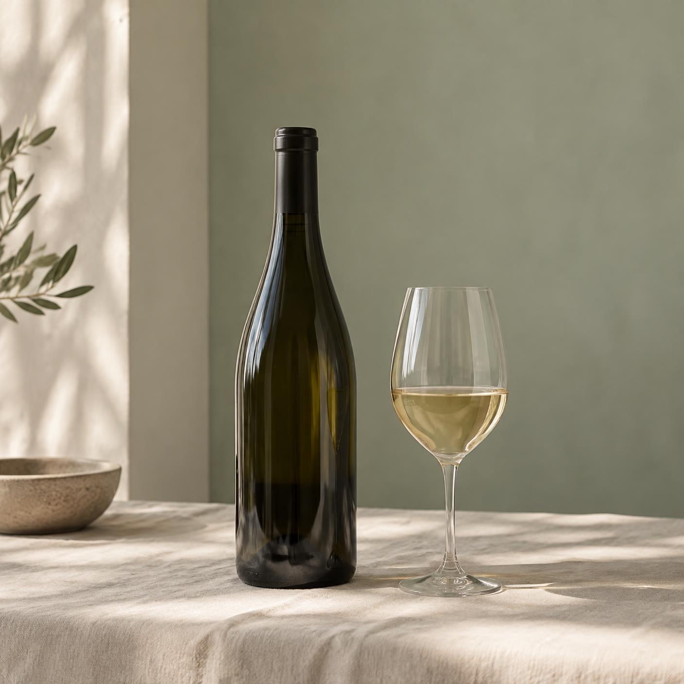 A bottle and a glass on a linen cloth